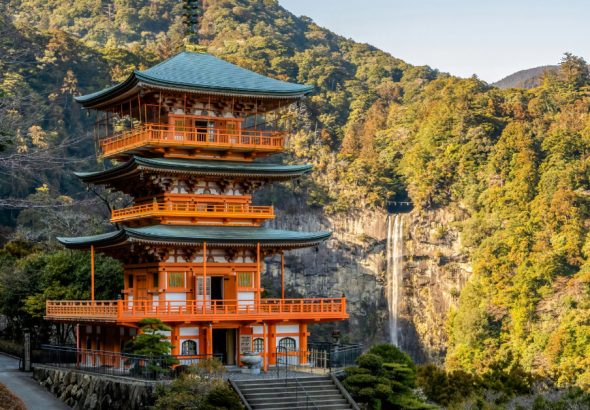 This is the wonderful three-storied pagoda of Seiganto-ji temple with the Nachi Falls in the background.